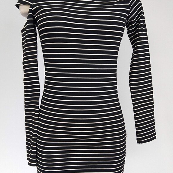 Torn Ronny Kobo Striped Cut Out Sleeve Dress Size S Cold Shoulder Black White - Picture 3 of 11